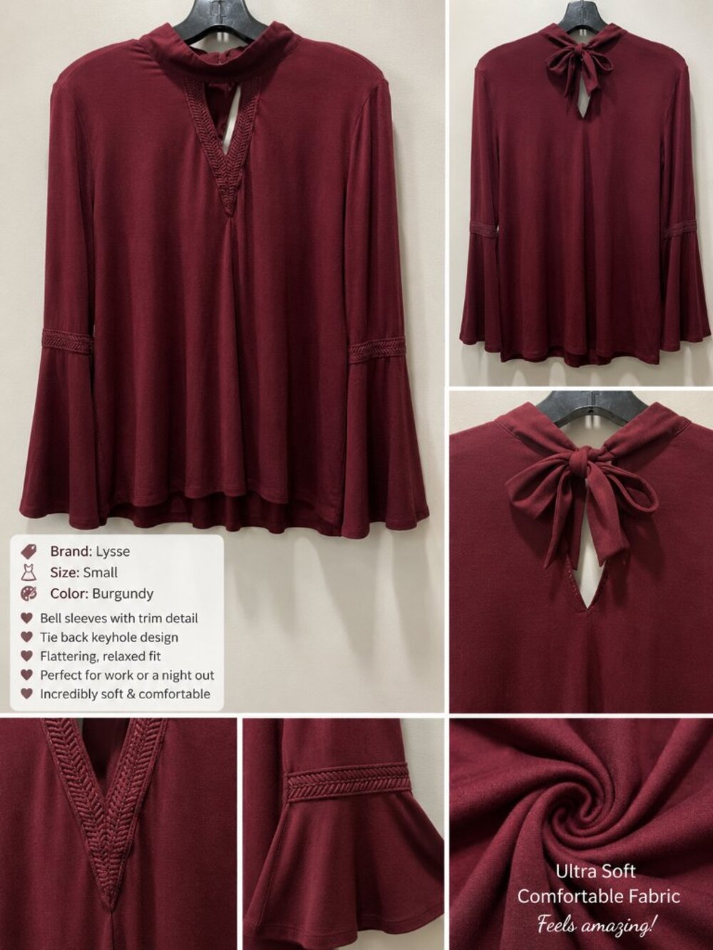 Lysse Burgundy Bell Sleeve Tie Back Soft Boho Blouse Top S